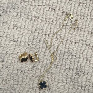 Gold-Tone Black Clover Pendant Necklace and Earrings Set